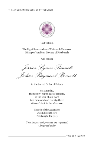 Invitation to the ordinations of Jess and Josh Bennett
