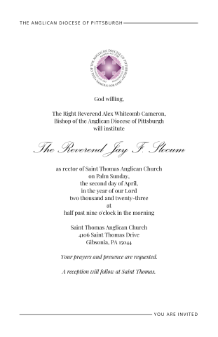 Invitation to the Institution of Jay Slocum