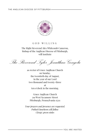 Invitation to the Institution of Tyler Gongola