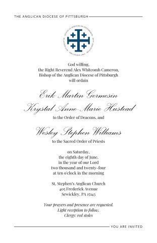 Ordination invitation for Hustead, Germesin, Williams